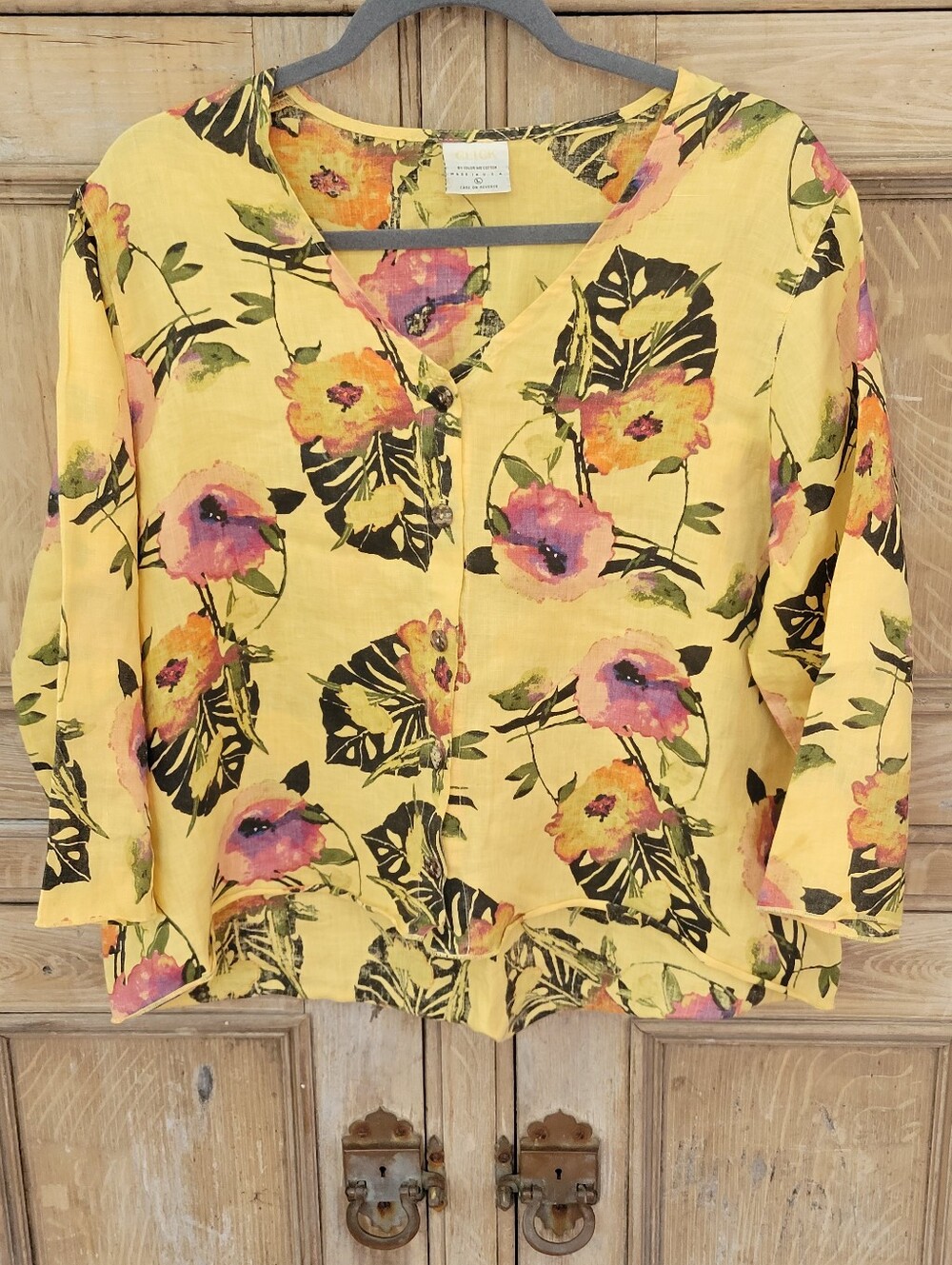 Click by Color Me Cotton Yellow Floral Linen Blouse Tunic Lagenlook Large USA
